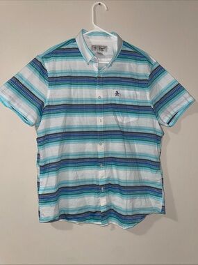 Original Penguin Short-Sleeve Striped Button-Up Shirt - Blue/White